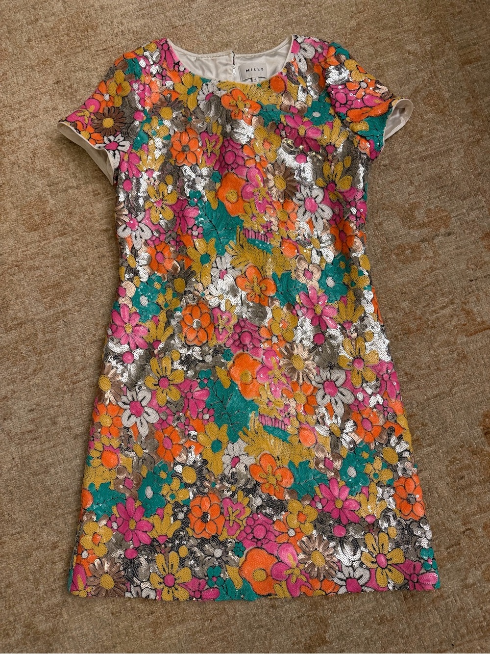 Milly Multicolor Floral Sequin Mini Dress — Pink, Orange, Teal, Gold